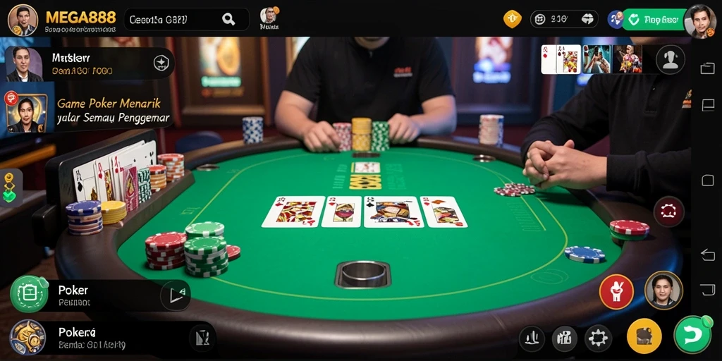 Screenshot antarmuka MEGA888 saat bermain Poker dengan fitur menarik.